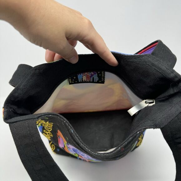 Laurel Burch Rainbow Horses on Black Scoop Tote Bag Canvas With Charm - Picture 7 of 7